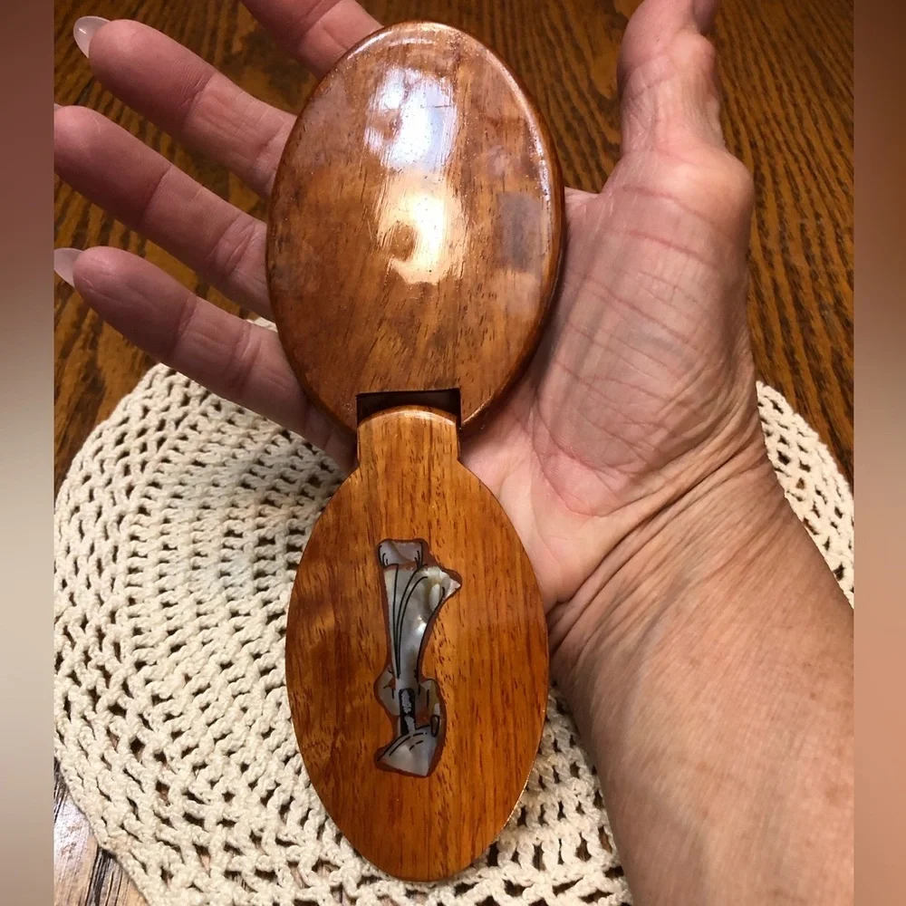 Vintage Wooden Mirror Compact Handmade